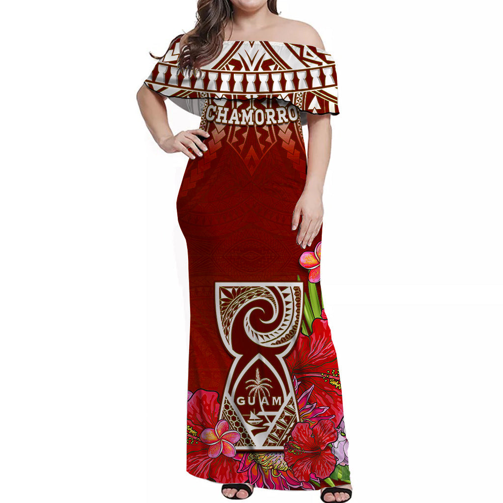 Custom Personalised Guam Chamorro Off Shoulder Long Dress Guaman Latte Stone Tropical Flowers Red Version