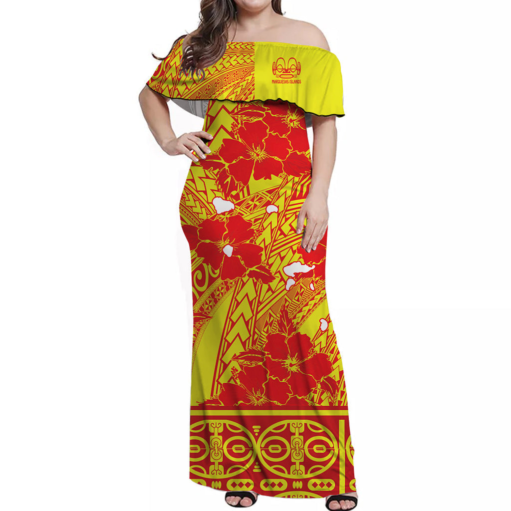 Marquesas Islands Off Shoulder Long Dress Hibiscus and Map Marquesan Yellow