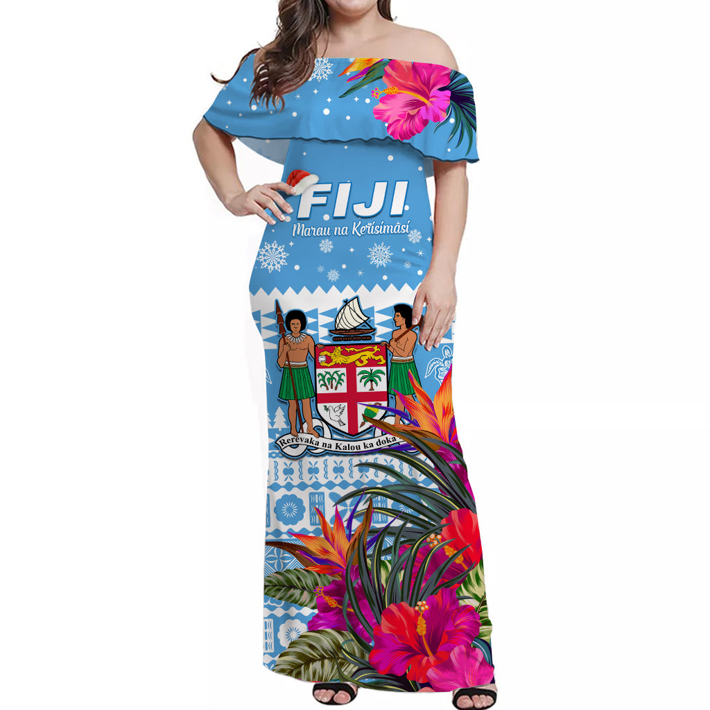 Fiji Merry Christmas Off Shoulder Long Dress Tapa and Hibiscus