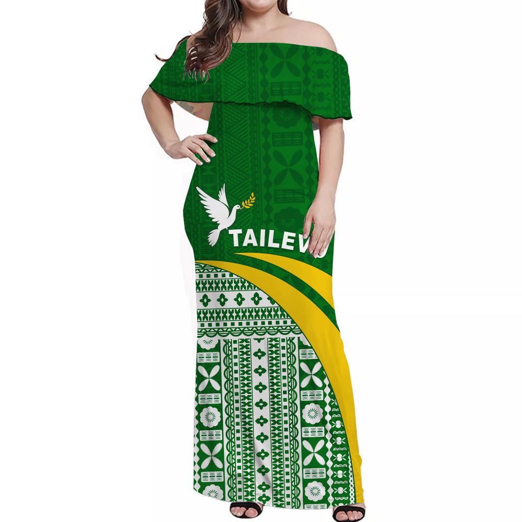 Tailevu Rugby Off Shoulder Long Dress Fiji Rugby Tapa Pattern Green