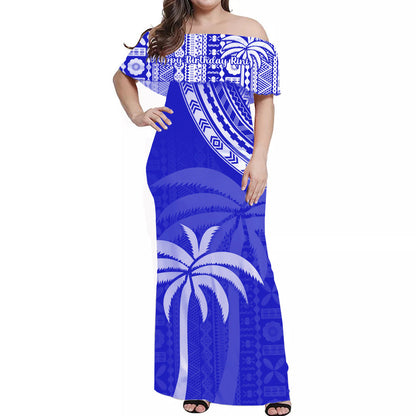Happy Birthday Rini Fiji Off Shoulder Long Dress Tapa Polynesian Blue
