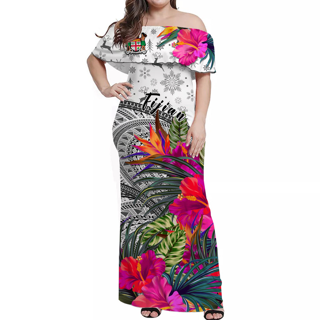 Fiji Tapa Off Shoulder Long Dress Speical Fijian Masi Be Loved Hibiscus Merry Christmas