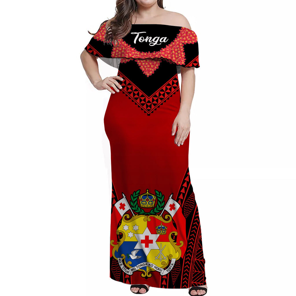 Tonga Heilala Flowers Off Shoulder Long Dress Tongan Ngatu Black Special Verison