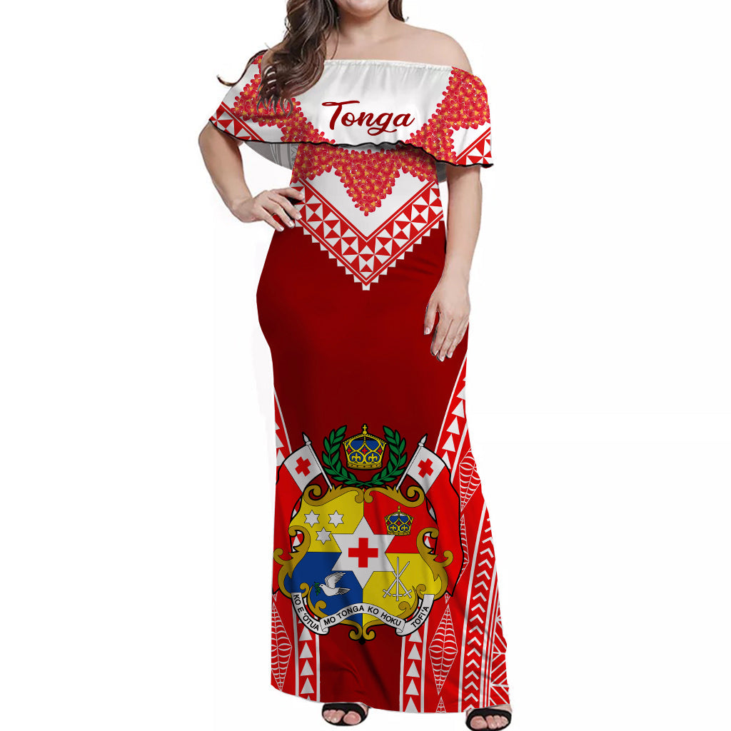 Tonga Heilala Flowers Off Shoulder Long Dress Tongan Ngatu White Special Verison