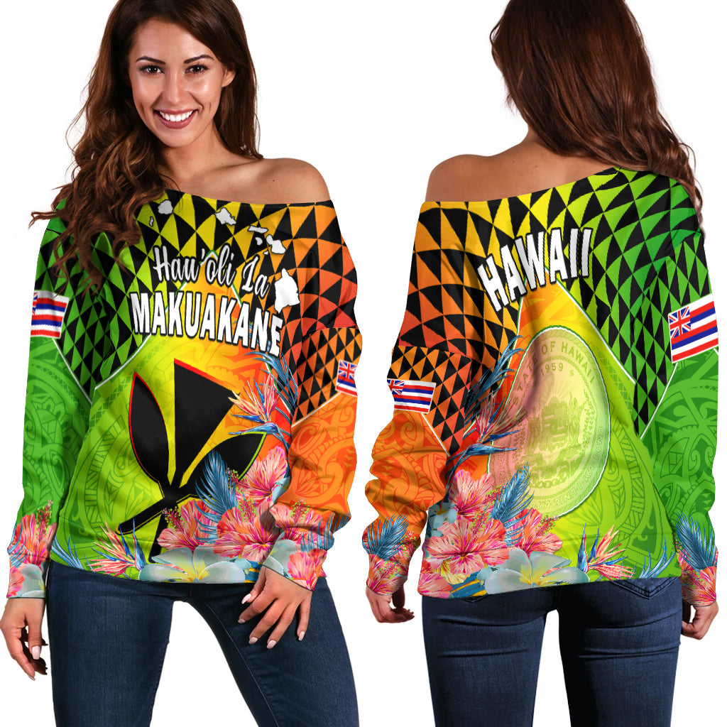 Happy Hawaii Fathers Day Off Shoulder Sweater Hawaiian Tribal Kanaka Maoli Hibiscus