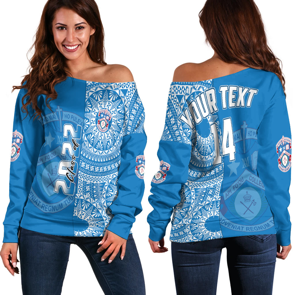 (Custom Text And Number) Apifoou Tonga College Off Shoulder Sweater Class Of Year Tongan Ngatu Pattern