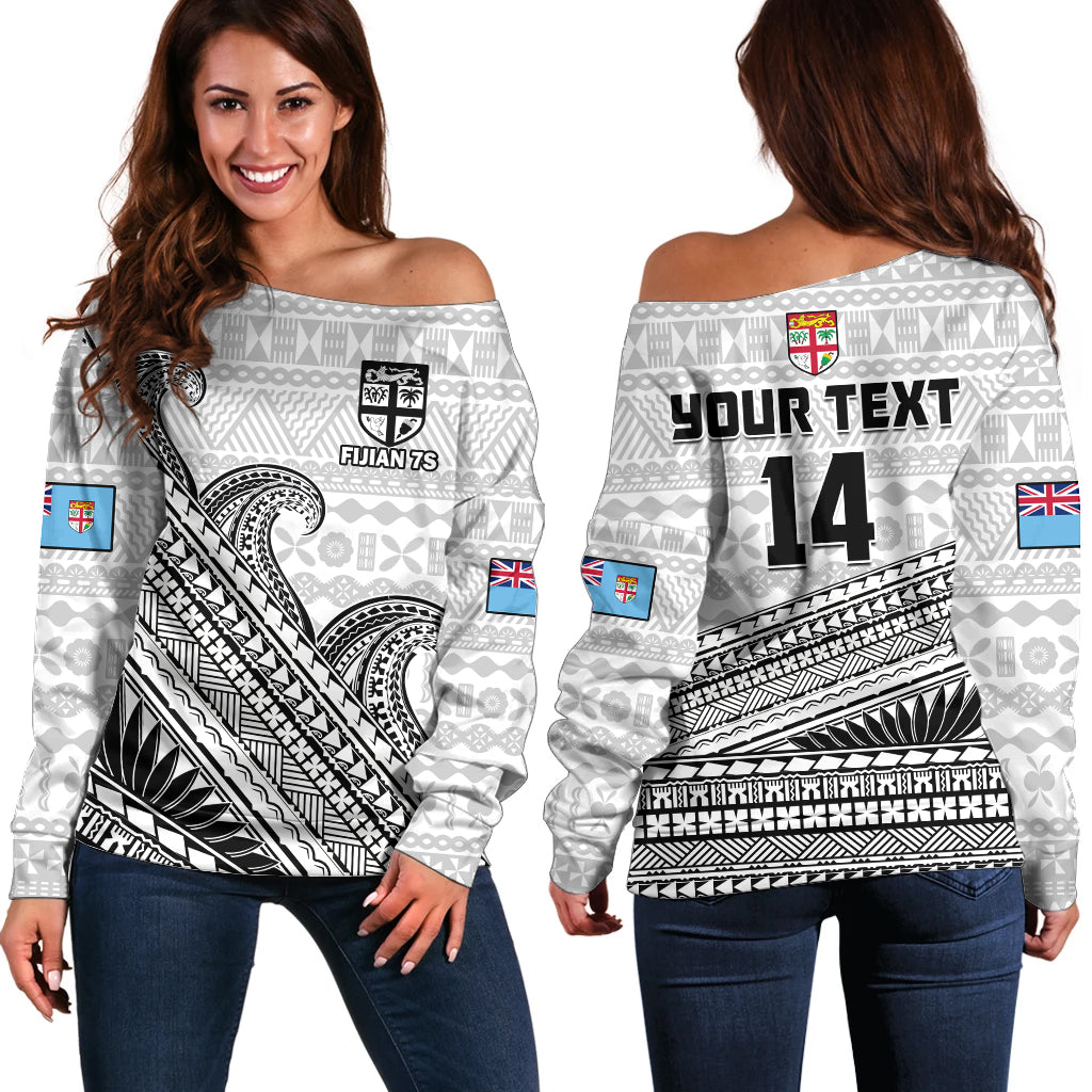 (Custom Text And Number) Fiji Sevens Rugby Off Shoulder Sweater Fijian 7s Tapa Polynesian Art