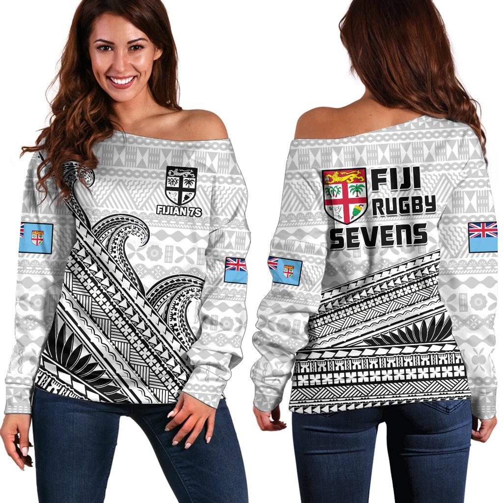 Fiji Sevens Rugby Off Shoulder Sweater Fijian 7s Tapa Polynesian Art