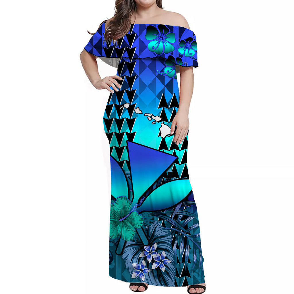 Custom Personalised Hawaii Flowers Off Shoulder Long Dress Blue Tribal Pattern Hawaiian