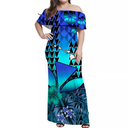 Custom Personalised Hawaii Flowers Off Shoulder Long Dress Blue Tribal Pattern Hawaiian