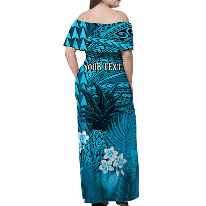 Custom Personalised Hawaii Pineapple Off Shoulder Long Dress Blue Plumeria Frangipani Mix Tribal Pattern