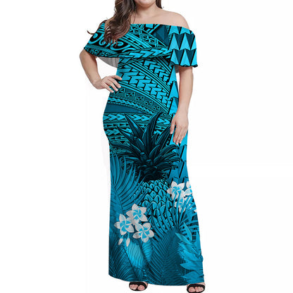 Custom Personalised Hawaii Pineapple Off Shoulder Long Dress Blue Plumeria Frangipani Mix Tribal Pattern