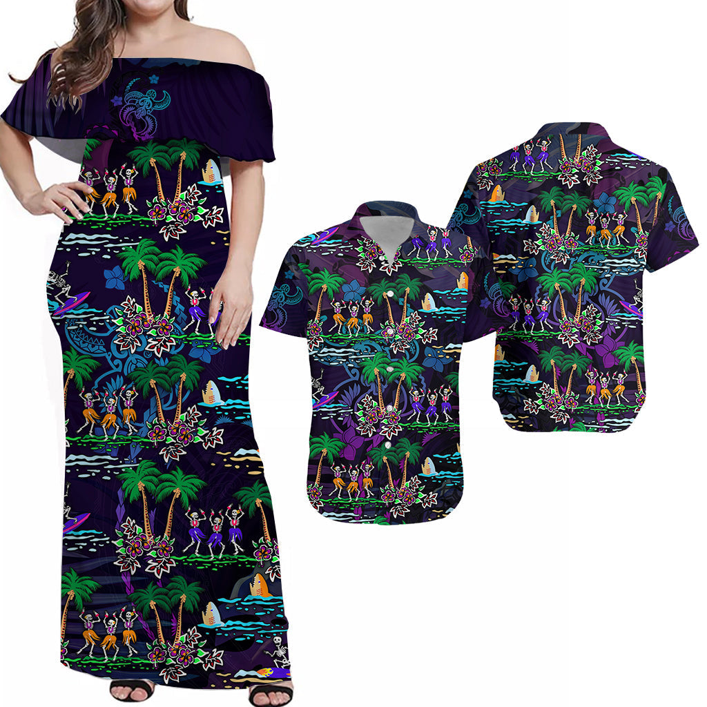 Hawaiian Matching Outfits For Couples Hawaii Skeleton Dancing Combo Dress and Hawaiian Shirt Halloween Hawaiian Turtle