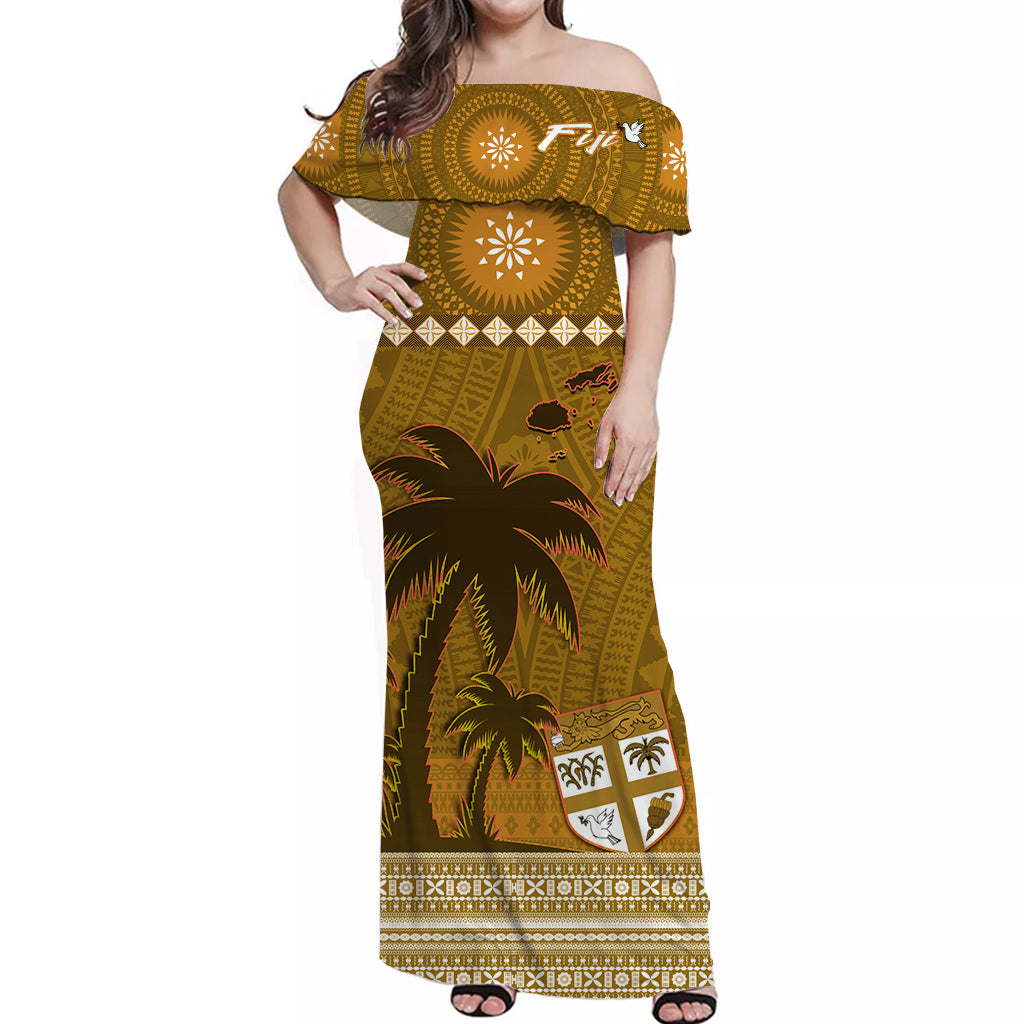 Custom Personalised Bula Fiji Off Shoulder Long Dress Fijian Tapa with Palm Tree Gold