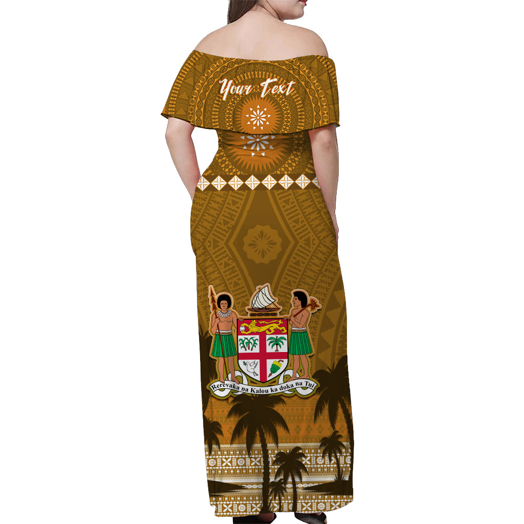 Custom Personalised Bula Fiji Off Shoulder Long Dress Fijian Tapa with Palm Tree Gold