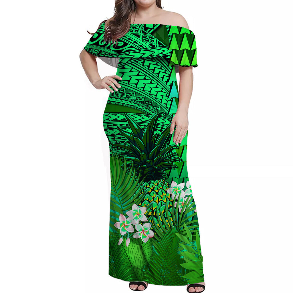 Custom Personalised Hawaii Pineapple Off Shoulder Long Dress Green Plumeria Frangipani Mix Tribal Pattern