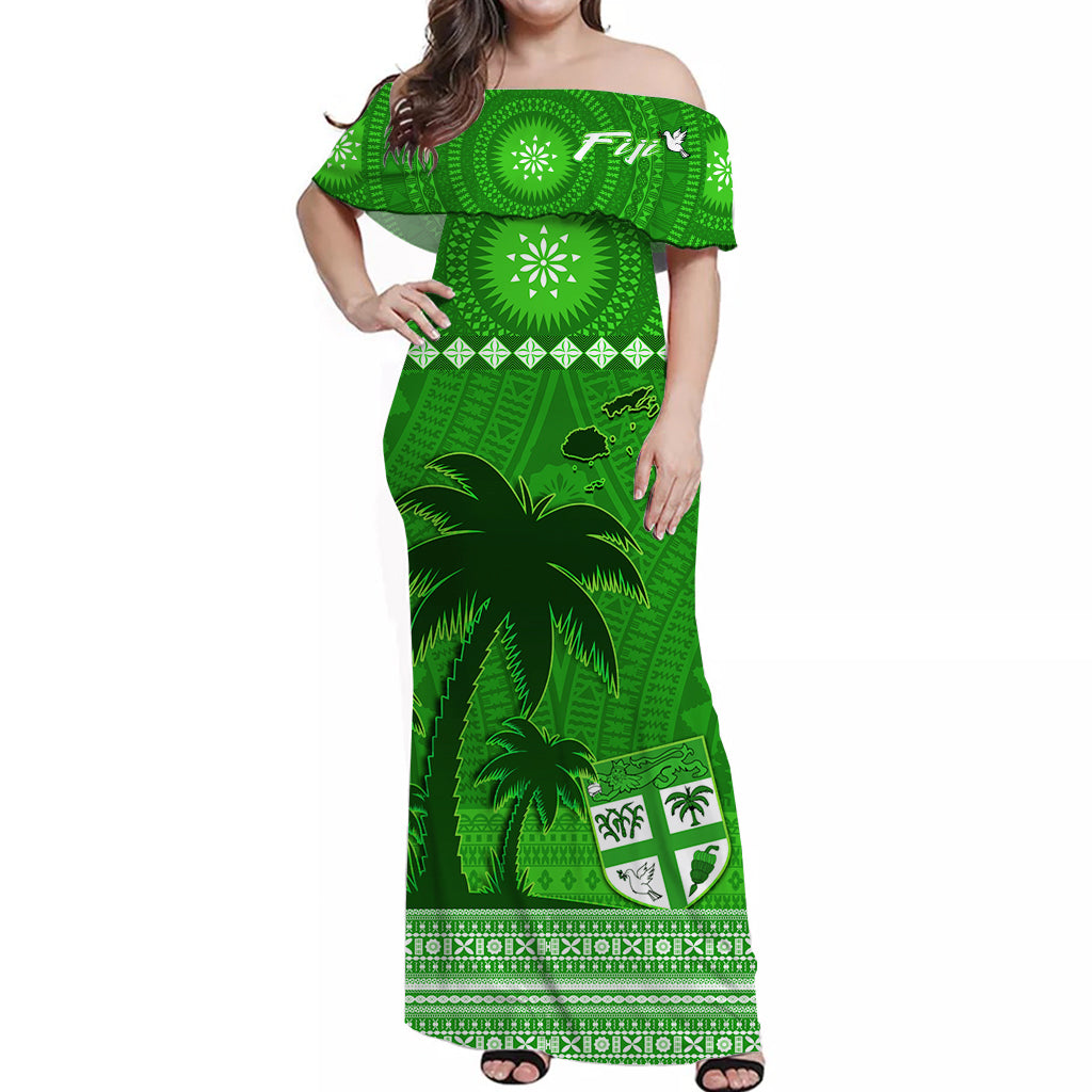 (Custom Personalised) Bula Fiji Matching Outfit For Couple Combo Dress and Hawaiian Shirt Fijian Tapa with Palm Tree Green