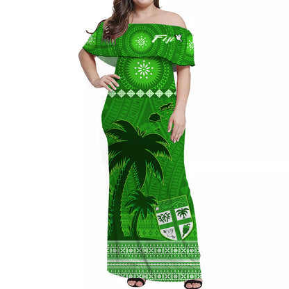 (Custom Personalised) Bula Fiji Matching Outfit For Couple Combo Dress and Hawaiian Shirt Fijian Tapa with Palm Tree Green