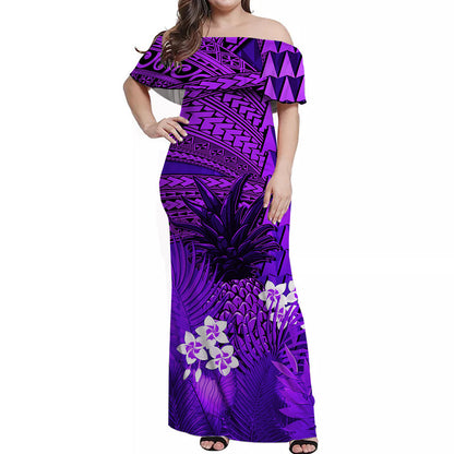 Custom Personalised Hawaii Pineapple Off Shoulder Long Dress Purple Plumeria Frangipani Mix Tribal Pattern