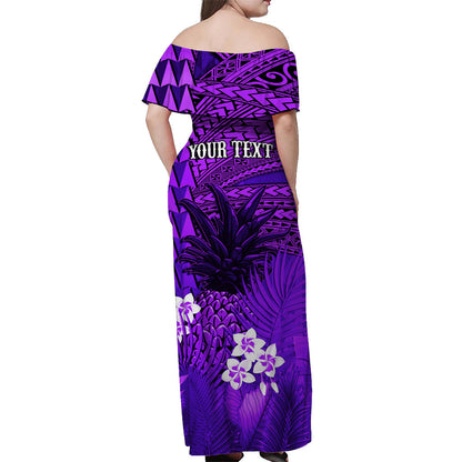 Custom Personalised Hawaii Pineapple Off Shoulder Long Dress Purple Plumeria Frangipani Mix Tribal Pattern
