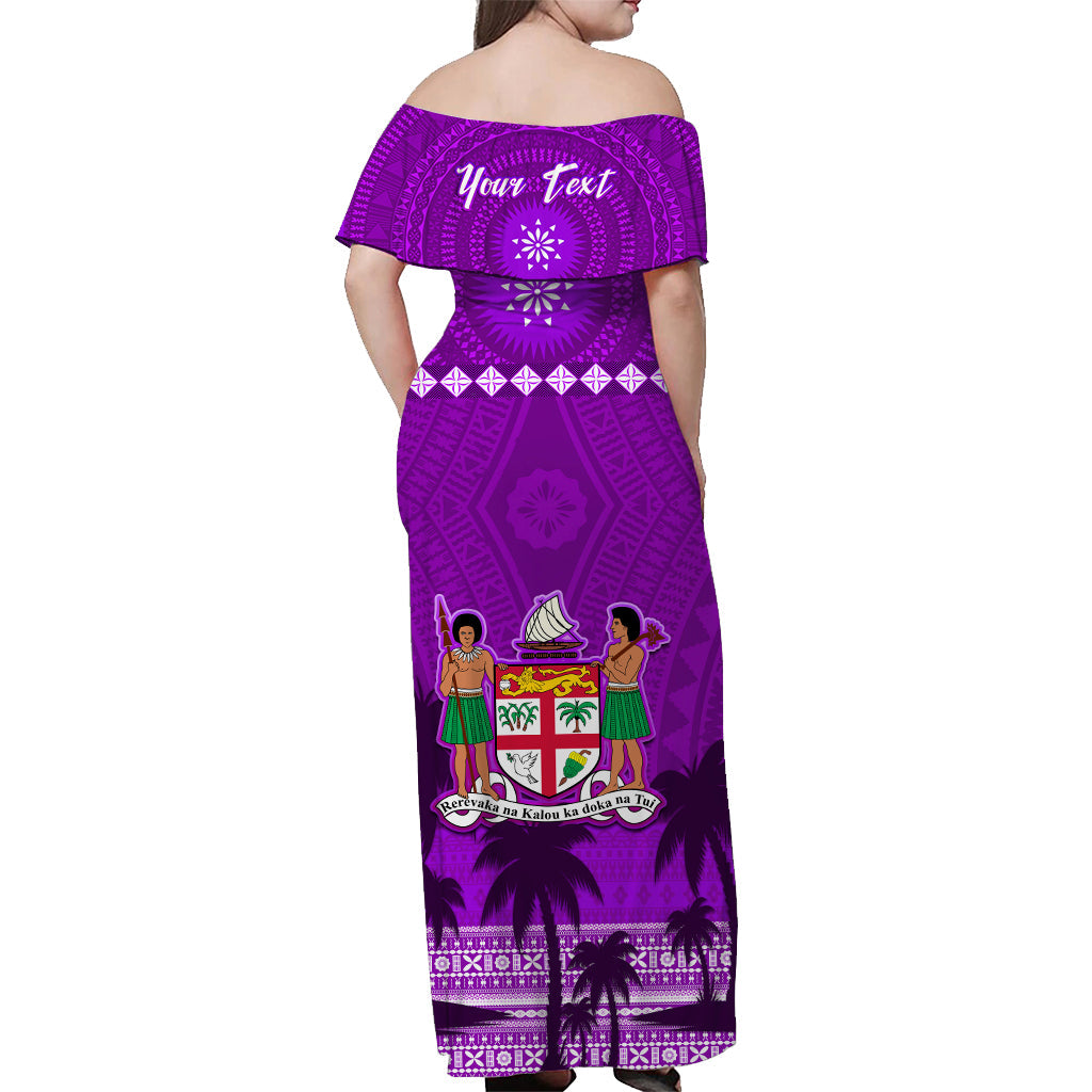 Custom Personalised Bula Fiji Off Shoulder Long Dress Fijian Tapa with Palm Tree Purple