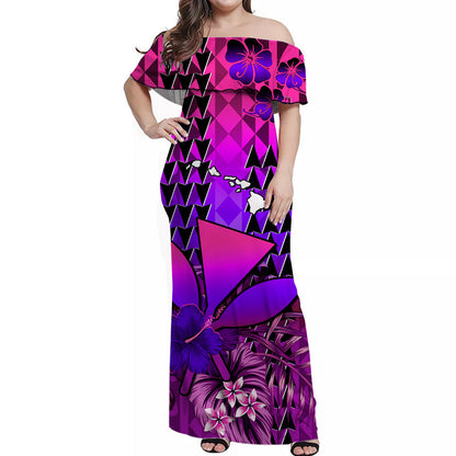 Custom Personalised Hawaii Flowers Off Shoulder Long Dress Purple Tribal Pattern Hawaiian