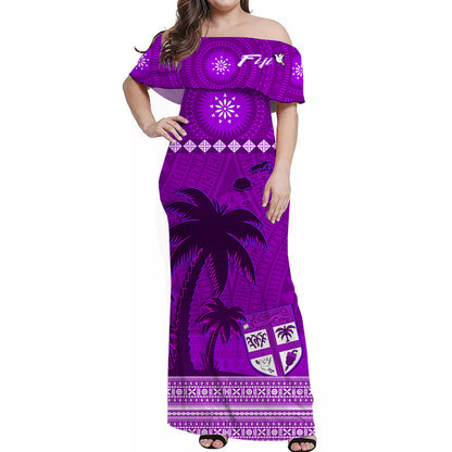 Custom Personalised Bula Fiji Off Shoulder Long Dress Fijian Tapa with Palm Tree Purple