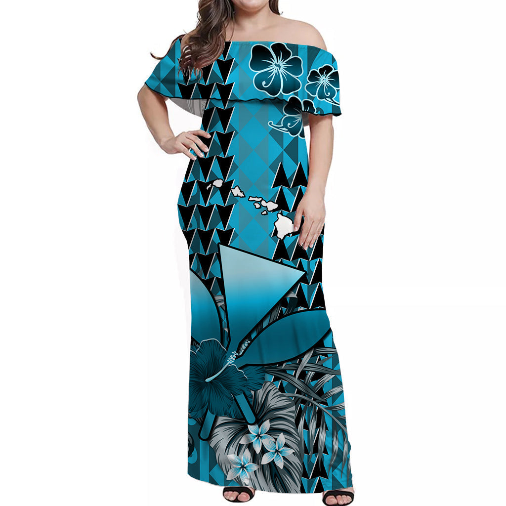 Custom Personalised Hawaii Flowers Off Shoulder Long Dress Turquoise Tribal Pattern Hawaiian