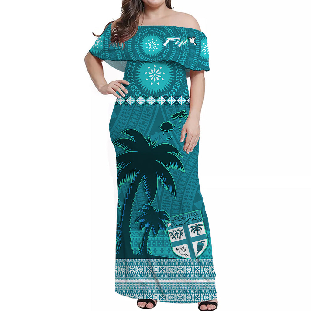 (Custom Personalised) Bula Fiji Matching Outfit For Couple Combo Dress and Hawaiian Shirt Fijian Tapa with Palm Tree Turquoise