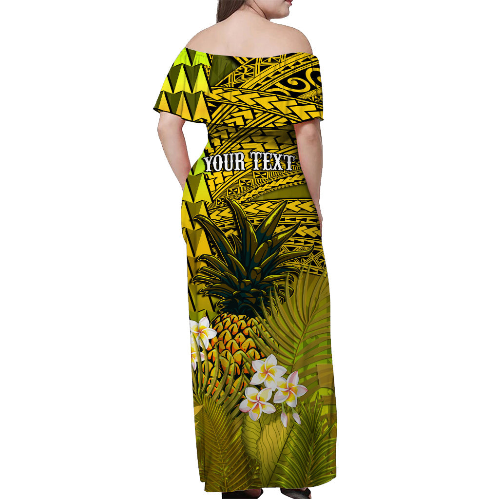 Custom Personalised Hawaii Pineapple Off Shoulder Long Dress Yellow Plumeria Frangipani Mix Tribal Pattern