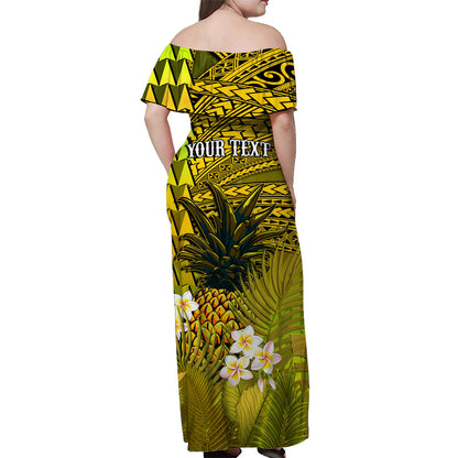 Custom Personalised Hawaii Pineapple Off Shoulder Long Dress Yellow Plumeria Frangipani Mix Tribal Pattern