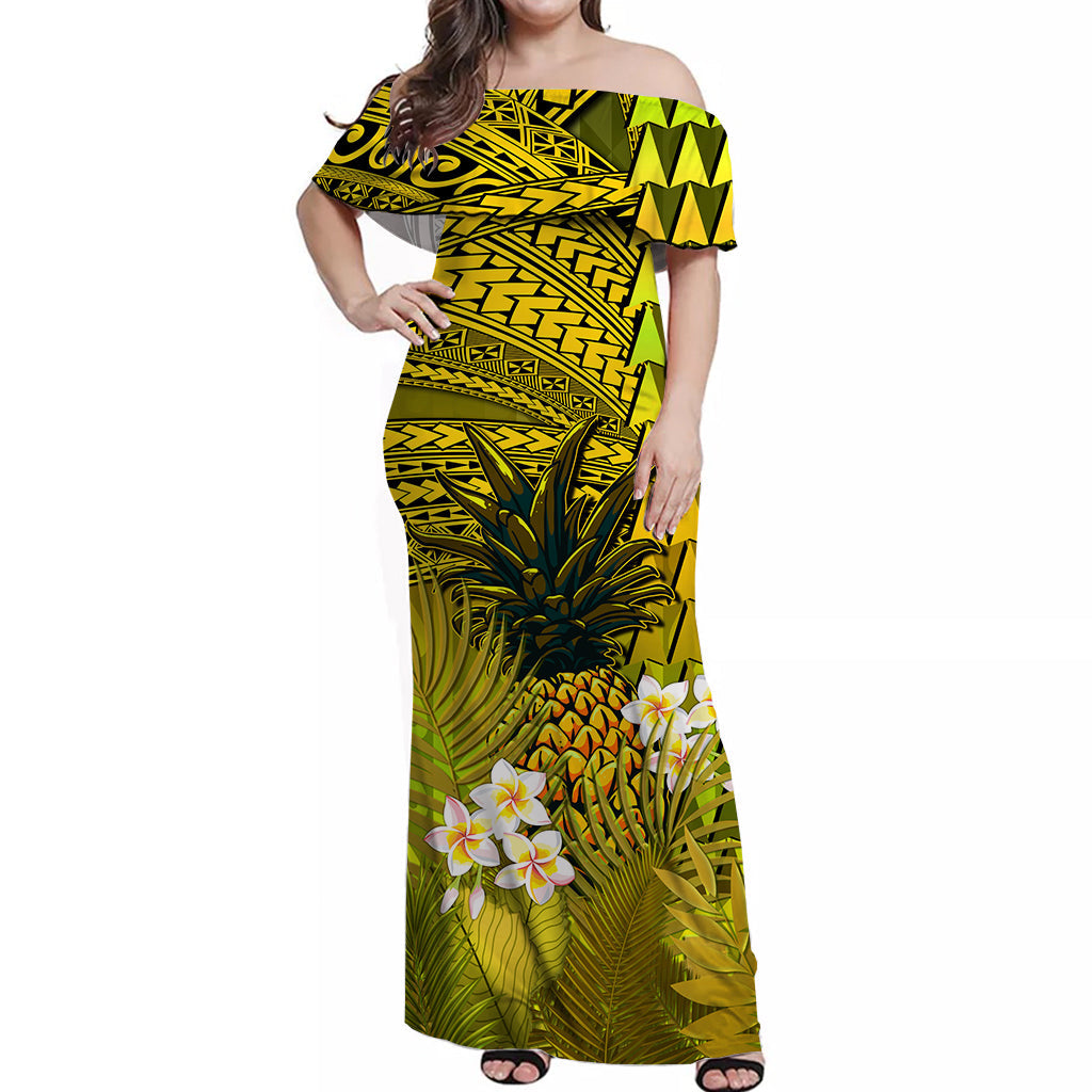 Custom Personalised Hawaii Pineapple Off Shoulder Long Dress Yellow Plumeria Frangipani Mix Tribal Pattern