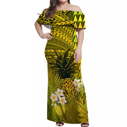Custom Personalised Hawaii Pineapple Off Shoulder Long Dress Yellow Plumeria Frangipani Mix Tribal Pattern