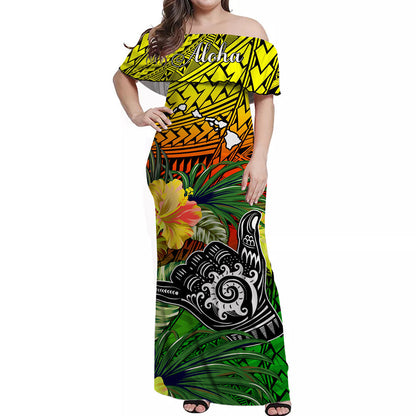The Shaka Hawaii Off Shoulder Long Dress Tropical Flowers Reggae Version