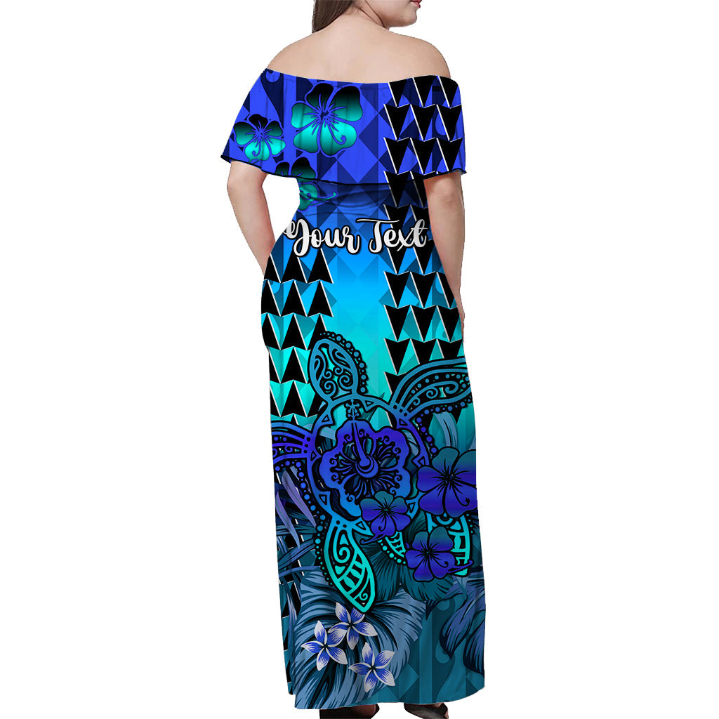 Custom Personalised Hawaii Flowers Off Shoulder Long Dress Blue Tribal Pattern Hawaiian
