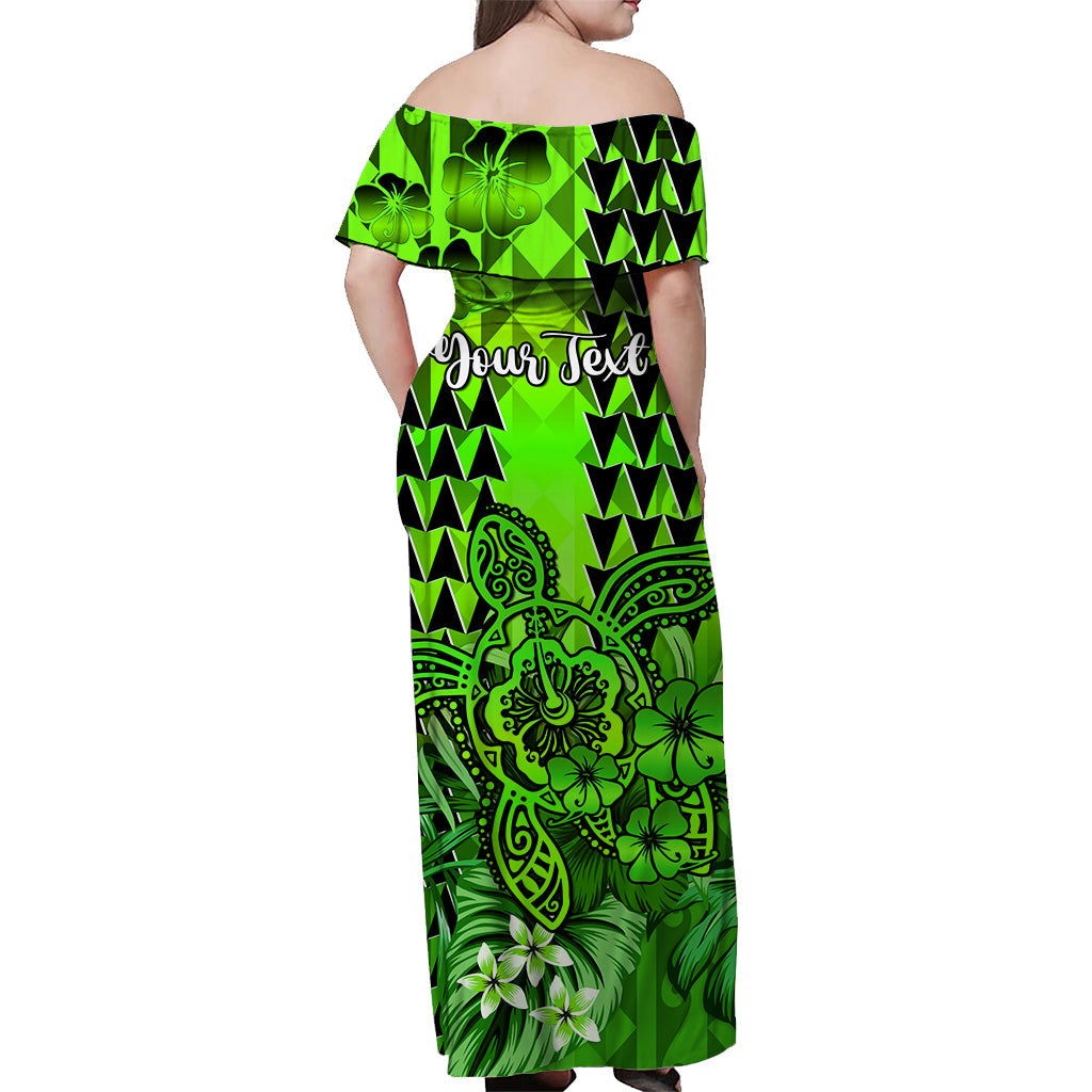 Custom Personalised Hawaii Flowers Off Shoulder Long Dress Green Tribal Pattern Hawaiian