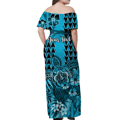 Custom Personalised Hawaii Flowers Off Shoulder Long Dress Turquoise Tribal Pattern Hawaiian