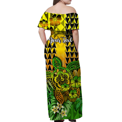 Custom Personalised Hawaii Flowers Off Shoulder Long Dress Yellow Tribal Pattern Hawaiian
