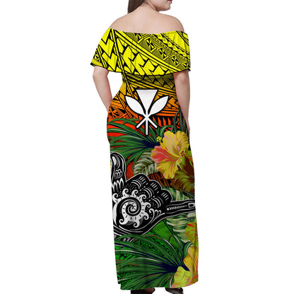 The Shaka Hawaii Off Shoulder Long Dress Tropical Flowers Reggae Version