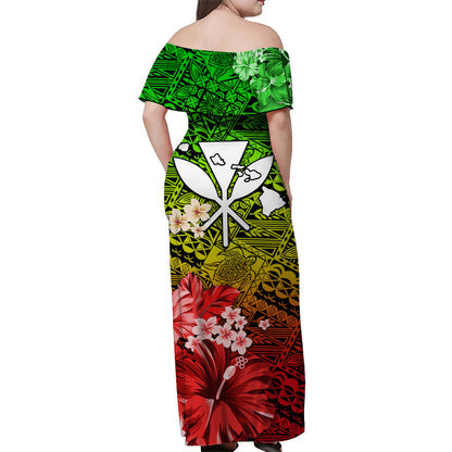 Custom Personalised Hawaii Off Shoulder Long Dress Map and Turtle Reggae Flowers