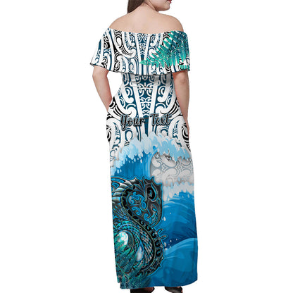 Custom Personalised Manaia Maori Off Shoulder Long Dress Fern Aotearoa Blue Waves