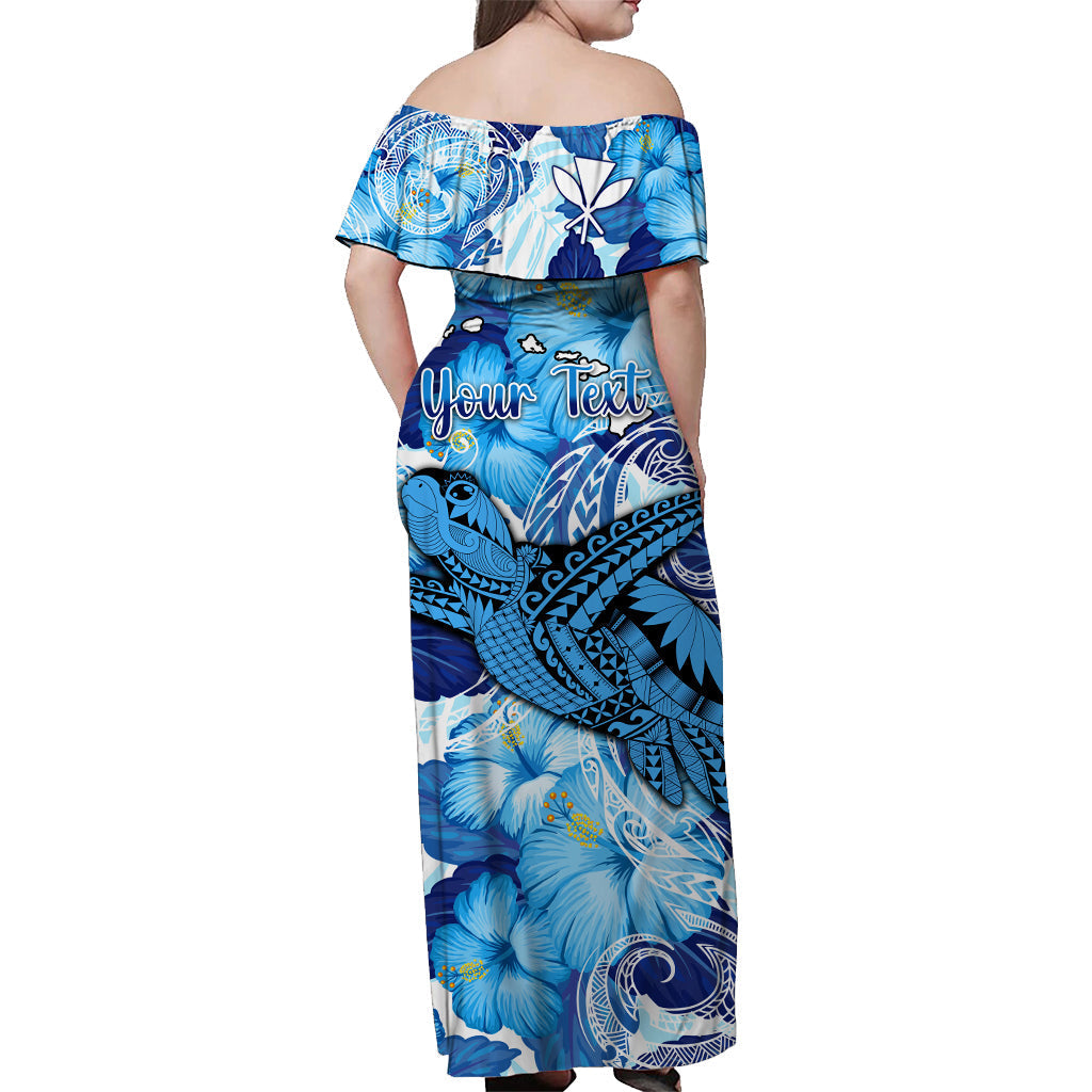 Custom Personalised Hawaii Off Shoulder Long Dress Blue Polynesian Turtle and Hibiscus