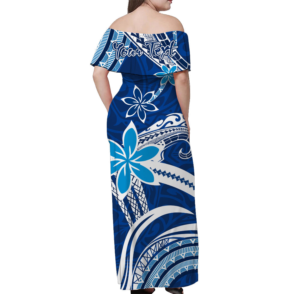 Custom Personalised Hawaii Flowers Wave Off Shoulder Long Dress Kanaka Maoli Blue Polynesian