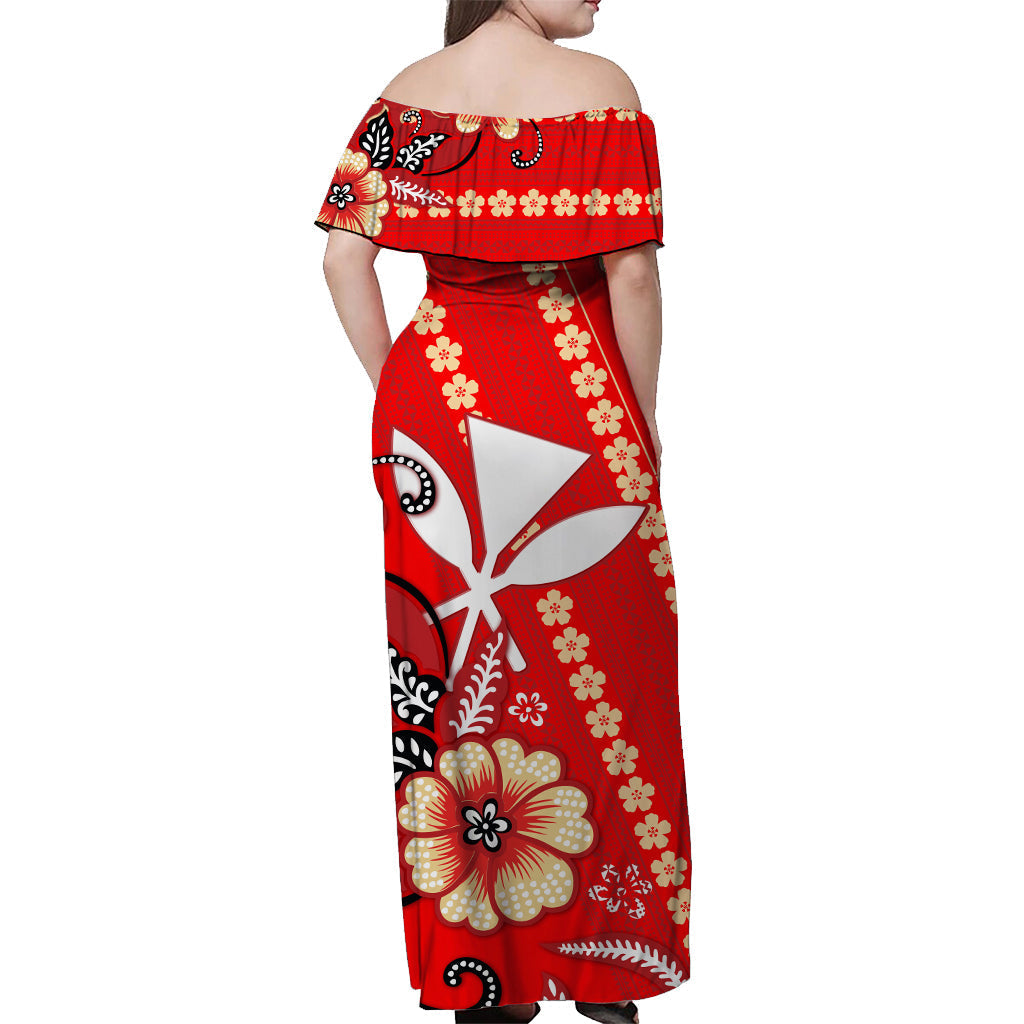 Hawaii Off Shoulder Long Dress Kakau Tribal Red Batik Floral Ver.01