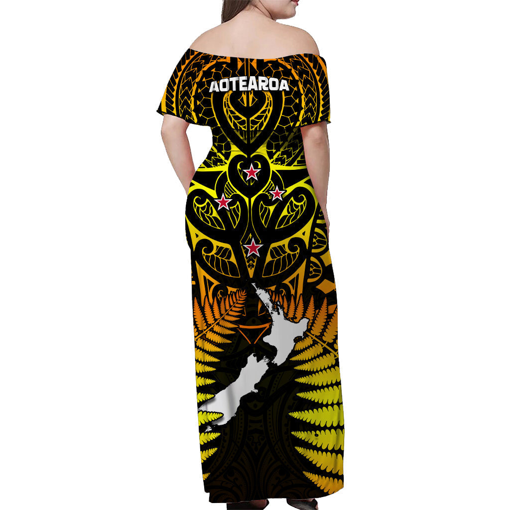 Aotearoa Fern Off Shoulder Long Dress New Zealand Hei Tiki Gold Style