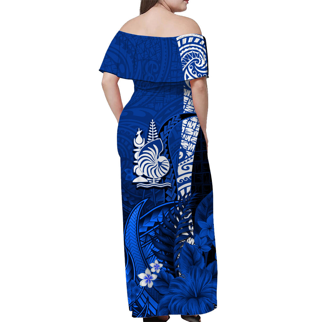 Custom Personalised New Caledonia Off Shoulder Long Dress Nautilus Blue Polynesian Hibiscus