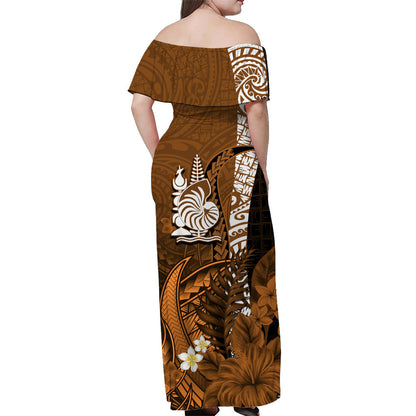 Custom Personalised New Caledonia Off Shoulder Long Dress Nautilus Gold Polynesian Hibiscus
