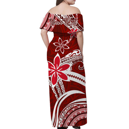 Custom Personalised Hawaii Flowers Wave Off Shoulder Long Dress Kanaka Maoli Red Polynesian