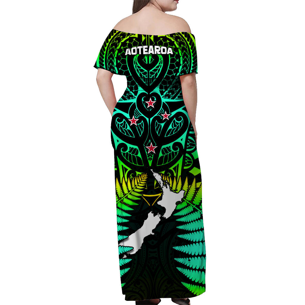 Aotearoa Fern Off Shoulder Long Dress New Zealand Hei Tiki Green Style