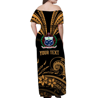 Custom Personalised Samoa Tatau Off Shoulder Long Dress Gold Polynesian Ula Nifo